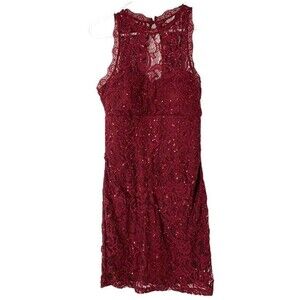 Soprano NWT Burgundy Lace Sequin High Neck Bodycon Homecoming Mini Dress S